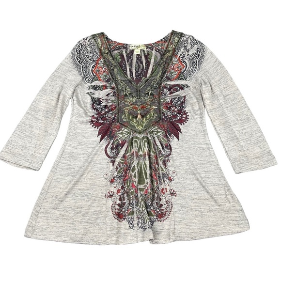 Energe by OneWorld Shirt Womens Small Beige Grey Heather Embroidered Print Multi - Picture 1 of 13